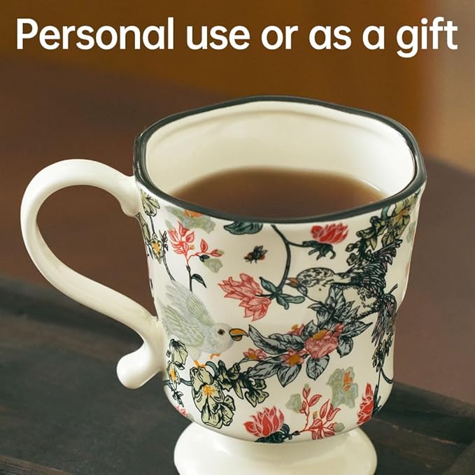 360ml -12.17oz Painted Floral & Bird Ceramic Mug - Cute Coffee Cup for Latte, Espresso - Gift for Women, Dishwasher Safe-CasaMuseHome