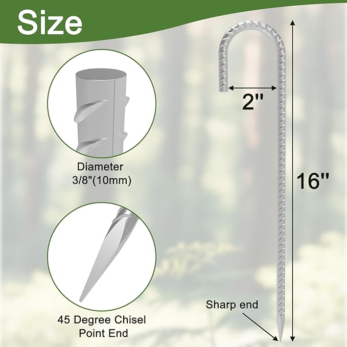 16 Inch 28 Pack Rebar Stakes, 3/8" Diameter J Hook Steel Ground Anchor Stakes, Heavy Duty Galvanized Tent Stakes, Metal Fence Stakes for Outdoor Decoration Yard Inflatables Gardening-CasaMuseHome