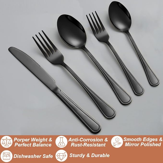 20 Pcs Black Silverware Set for 4 with Simple Striped Handle Design, Food Grade Stainless Steel Flatware Set, Eating Utensils Sets Include Fork/Knife/Spoon, Cutlery Set, Dishwasher Safe-CasaMuseHome