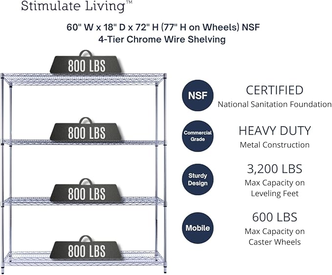 60"x18"x72" Prime Heavy Duty Chrome 4-Tier Wire Shelving NSF 3200 LBS MAX Capacity Storage Rack for Commercial, Hospital, School, Garage, and Kitchen Uses (with Wheels)-CasaMuseHome