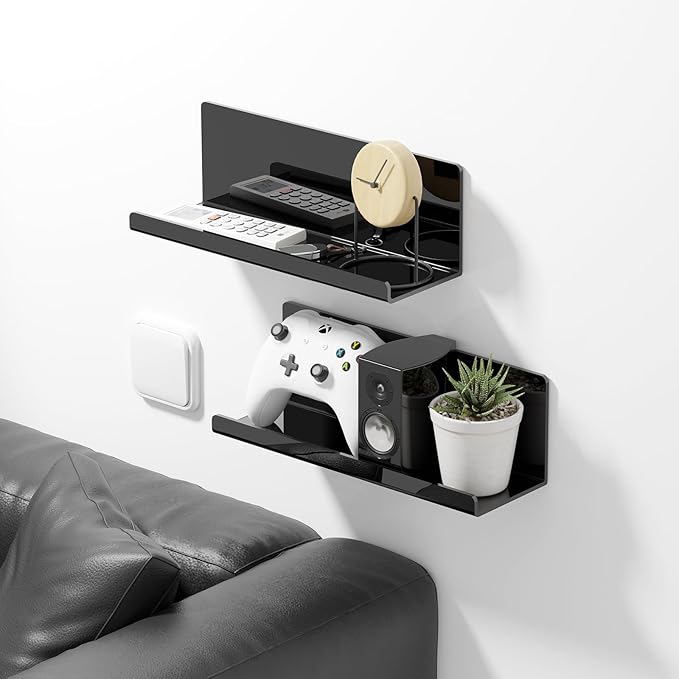 Acrylic Floating Shelves for Wall No Drilling, Self Adhesive Space-Saving Shelves, 12 Inch Floating Shelf Stick on Wall Shelf, for Bathroom, Kitchen, Bedroom, Office, Gaming Room, Black-CasaMuseHome