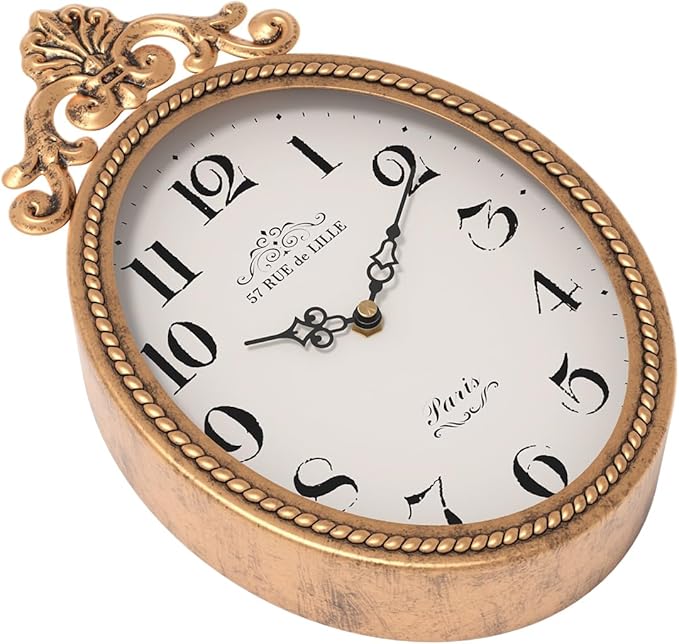 Abdurey Small French Retro Decorative Wall Clock, Antique Gold Vintage Oval Style,Silent Battery Operated Boho Decor Wall Clocks for Farmhouse,Kitchen,Bedroom,Bathroom(10.4" H x 6.7" W)-CasaMuseHome