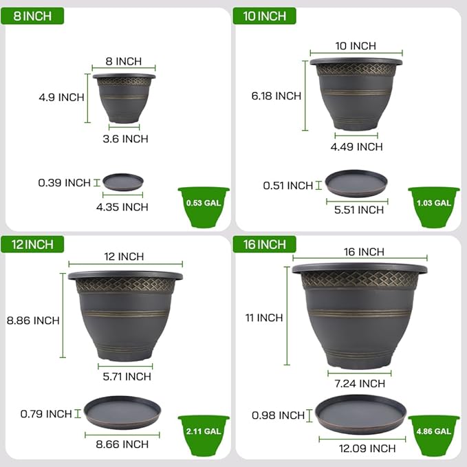 6 Pack 8 Inch Plant Pots, Plastic Flower Pot for Indoor & Outdoor with Drainage Holes & Saucer, Plaid Pattern Planters Garden Pots for Herbs-CasaMuseHome