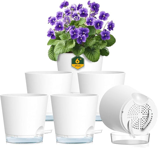 6 inch Self Watering Pots for Indoor Outdoor Plants, 6 Pack Flower Plant Pots with Drainage Holes and Clear Reservoirs, Visible Water Level, Plastic Planters with Wicking Rope, White-CasaMuseHome