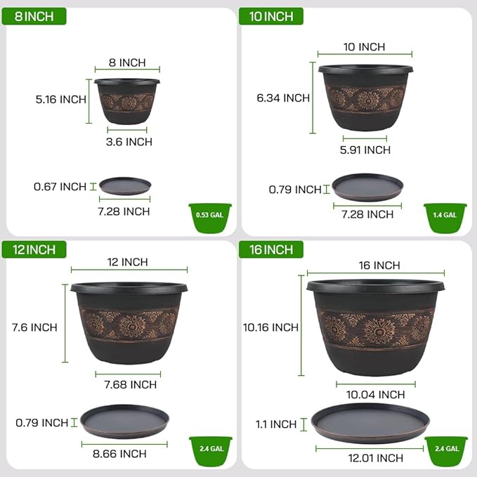 6 Pack 8 inch Plant Pots, Retro Pattern Planters with Drainage Holes and Saucer, Sturdy Plastic Garden Flower Pots for Indoor & Outdoor Plants-CasaMuseHome