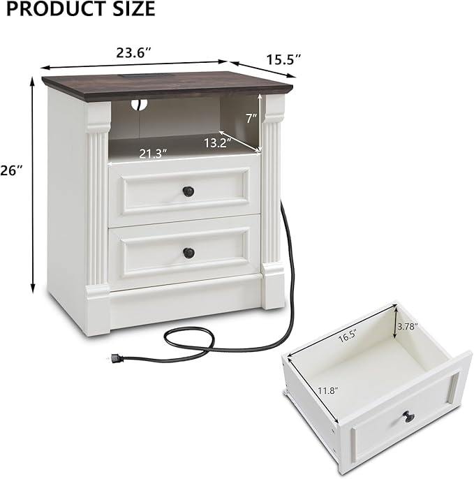 26" Tall Farmhouse Night stand Set of 2, 2 Drawers End Table w/Charging Station, 23.6" Wide Wood Side Table w/Roman Column, Large Rustic Sofa Table w/Open Shelf, Bedside Table for Bedroom, White-CasaMuseHome