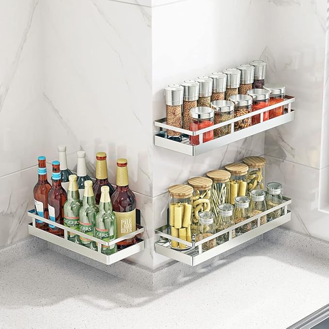 2PCS Kitchen Spice Rack, SUS304 Stainless steel Wall Mount Storage Rack, Seasoning Container, 15.7Inch Spice Organizer, Kitchen Seasoning Hanging Rack, Bathroom Shelf for Storing Toiletries-CasaMuseHome