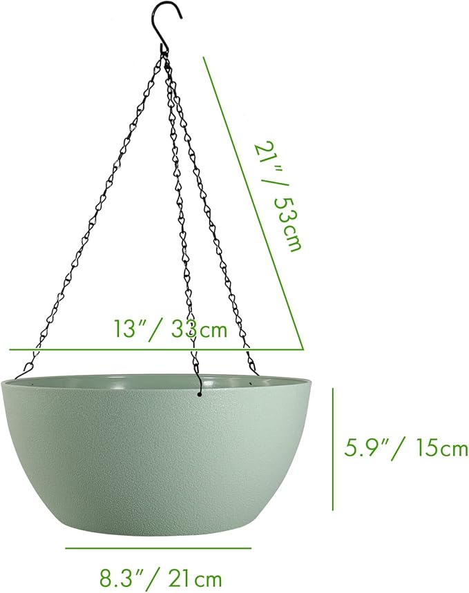 13 inch Large Hanging Planters Plant Pots for Outdoor Indoor Plants with Drainage Holes and Chain, 2 Pack Round Hanging Flower Pots for Garden Home Porch Decor, Green-CasaMuseHome