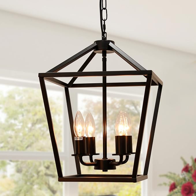 4-Light Lantern Pendant Light,Modern Industrial Black Cage Farmhouse Chandelier for Kitchen Island,12'' Rustic Metal Hanging Lighting Fixture for Dining Room Bedroom Foyer Entry Porch-CasaMuseHome