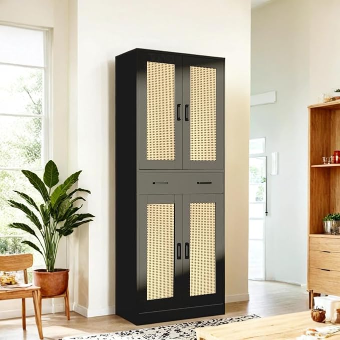 71" Tall Black & Rattan Pantry Cabinet - Boho Chic Kitchen Storage with Doors & Drawer for Dining Room, Hallway or Kitchen Organization-CasaMuseHome