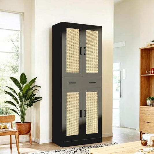71" Tall Black & Rattan Pantry Cabinet - Boho Chic Kitchen Storage with Doors & Drawer for Dining Room, Hallway or Kitchen Organization-CasaMuseHome