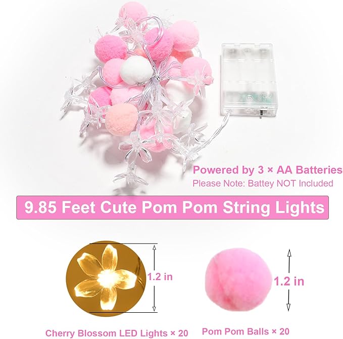 9.85Ft Fairy Lights 20 Cute Pink Pompoms 20 LEDs Cherry Blossom String Garland Battey Operated with Timer Flower Lights for Bedroom Kids Room Party Birthday Wedding Valentines Decoration-CasaMuseHome