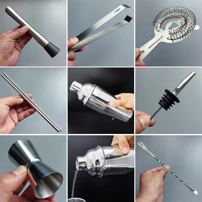 14-Piece Cocktail Shaker Set Bartender Kit with Black Stand, Bar Tool Set for Drink Mixing Bartending Kit Bar Sets Accessories: 750ml(25oz) Shaker, Jigger, Muddler, Cocktail Recipes (Silver)-CasaMuseHome