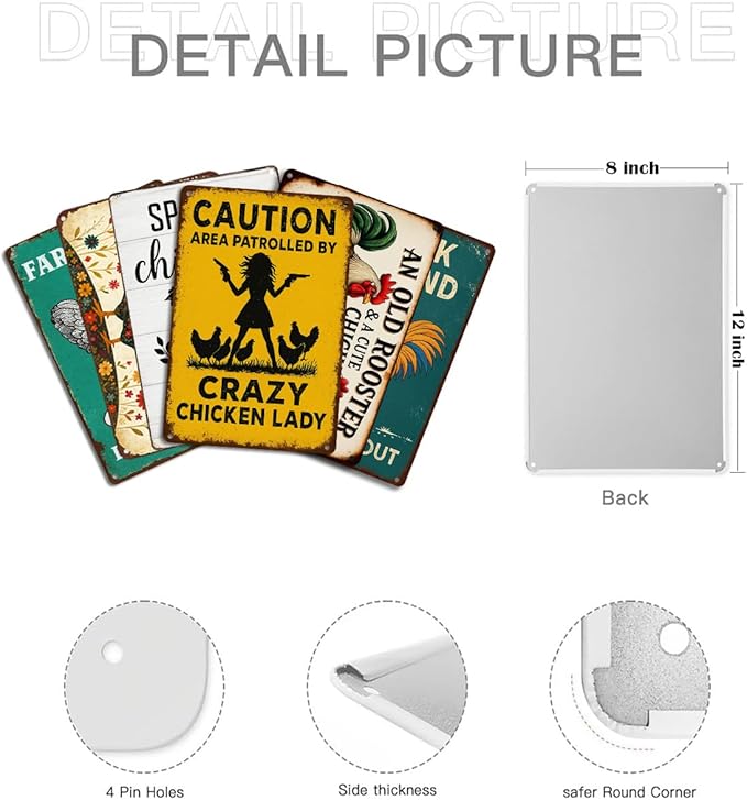 6 Pack Chicken Coop Signs – Vintage Farm Accessories Funny Metal Tin Signs for Outdoor Chicken Coop Decor, Farmhouse Wall Art, Rustic Barn Yard Decorations, 8x12 Inch-CasaMuseHome