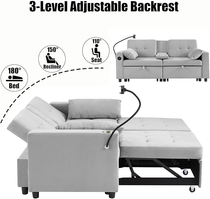 70" Queen Size Sofa Bed for Living Room – Pull-Out Sleeper Sofa Couch with Cup Holder, Phone Holder, USB Charging Port, Solid Wood Frame, Easy Assembly, Space-Saving Design for Small Apartments-CasaMuseHome