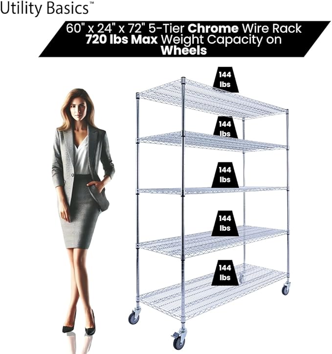 60"x24"x72" Chrome 5-Tier PREMIUM Wire Shelving NSF 4000 LBS MAX CAPACITY Heavy Duty Steel Storage Rack for Warehouses, Garages, Hospitals, Commercial Spaces, & Schools w/PREMIUM WHEELS-CasaMuseHome