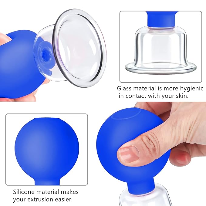 4 Size Facial Cupping Therapy Set Glass, Eye Face Vacuum Massage Anti Cellulite Cup - Silicone Cupping Massage Therapy, for Beauty Body Cup Fascia Massager(Softcover-Blue)-CasaMuseHome