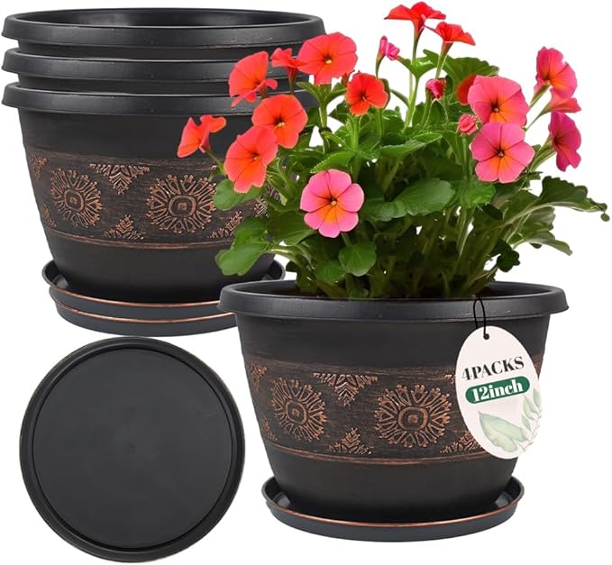4 Pack 12 inch Plant Pots, Retro Pattern Planters with Drainage Holes and Saucer, Sturdy Plastic Garden Flower Pots for Indoor & Outdoor Plants-CasaMuseHome