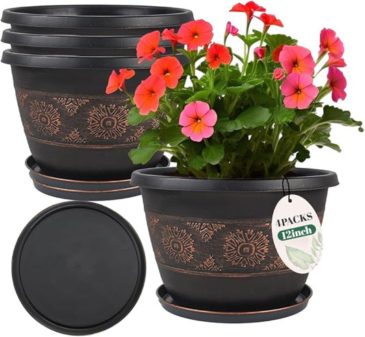 4 Pack 12 inch Plant Pots, Retro Pattern Planters with Drainage Holes and Saucer, Sturdy Plastic Garden Flower Pots for Indoor & Outdoor Plants-CasaMuseHome