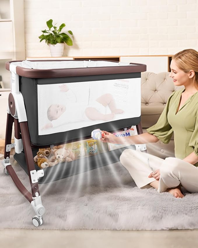 4 in 1 Baby Bassinet, Bassinets Bedside Sleeper with Wheels and Storage Basket, Adjustable 7 Heights Bedside Sleeper with Mosquito Net, Breathable Mesh Rocking Bassinet for Baby-CasaMuseHome