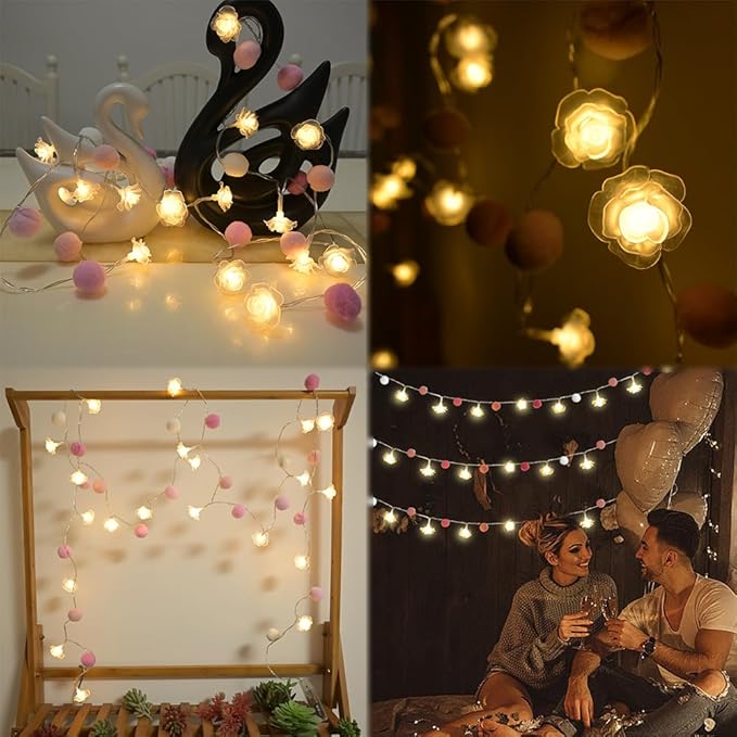 9.85Ft String Lights 20 Cute Pink Pompoms 20 LEDs Rose Fairy Lights Garland Battey Operated with Timer Flower Lights for Bedroom Kids Room Party Birthday Wedding Valentines Decorations-CasaMuseHome