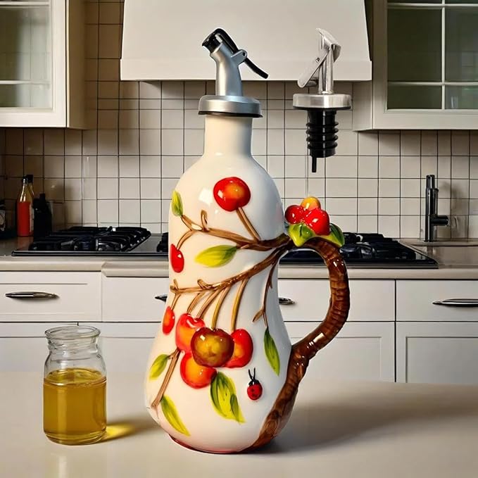 18 Oz Hand Painted Relief Ceramic Olive Oil Bottle Dispenser for Kitchen, Oil and Vinegar Bottle, Seasoning Bottle with Stainless Steel Nozzle, 540mL Oil Container with Handle for Cooking, Light Proof-CasaMuseHome