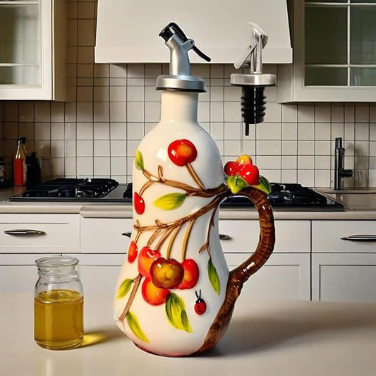 18 Oz Hand Painted Relief Ceramic Olive Oil Bottle Dispenser for Kitchen, Oil and Vinegar Bottle, Seasoning Bottle with Stainless Steel Nozzle, 540mL Oil Container with Handle for Cooking, Light Proof-CasaMuseHome