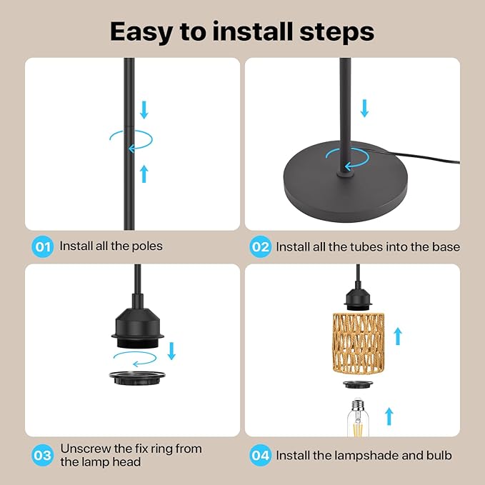 3-Light Boho Floor Lamp for Living Room, Rattan Wicker Standing Lamp Palm Tree Design, Farmhouse Coastal Floor Light with Woven Shade, Tall Bohemian Lamp-CasaMuseHome