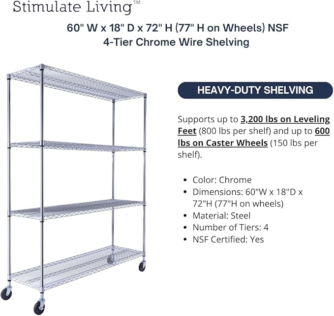 60"x18"x72" Prime Heavy Duty Chrome 4-Tier Wire Shelving NSF 3200 LBS MAX Capacity Storage Rack for Commercial, Hospital, School, Garage, and Kitchen Uses (with Wheels)-CasaMuseHome