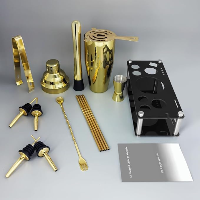 14-Piece Cocktail Shaker Set Bartender Kit with Black Stand, Bar Tool Set for Drink Mixing Bartending Kit Bar Sets Accessories: 750ml(25oz) Shaker, Jigger, Muddler, Cocktail Recipes (Gold)-CasaMuseHome
