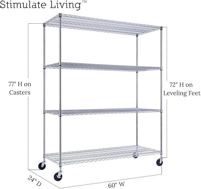60"x24"x72" PRIME HEAVY DUTY Chrome 4-Tier Wire Shelving NSF 2400 LBS MAX Capacity Storage Rack for Commercial, School, Home, Garage, Warehouse, Industrial, and Hospital Uses (with Wheels)-CasaMuseHome