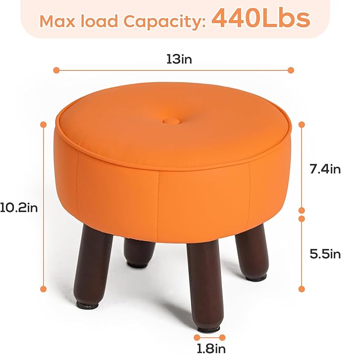 13in Small Foot Stool Ottoman, Round Faux Leather Foot Rest for Couch, Under Desk Pouf Footstool Footrest with Non-Skid Rubber Legs for Ling Room, Bedroom, 13''L x 13''W x 10.2''H, Orange-CasaMuseHome