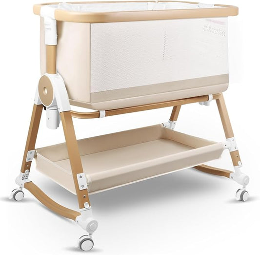 4 in 1 Baby Bassinet, Bassinets Bedside Sleeper with Wheels and Storage Basket, Adjustable 7 Heights Bedside Sleeper with Mosquito Net, Breathable Mesh Rocking Bassinet for Baby-CasaMuseHome