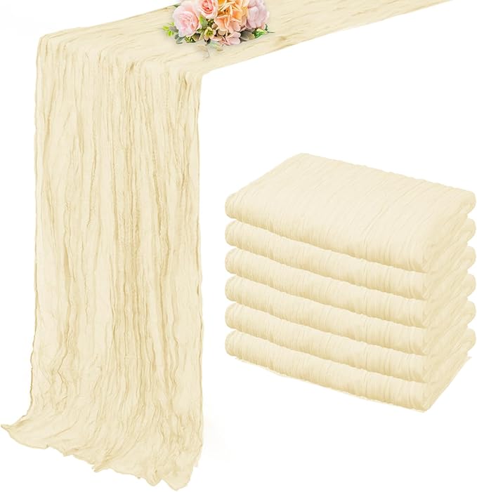10FT 6 Pack Beige Cheesecloth Table Runner 20 x 120 Inch Long Rustic Gauze Fabric Cheese Cloth Table Runner for Wedding Bridal Baby Shower Table Decorations Boho Sheer Birthday Party Table Decor-CasaMuseHome