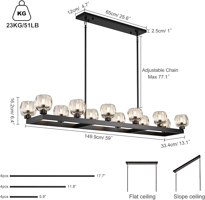 59 Inch Black Rectangle Wagon Wheel Chandeliers, Black Chandelier for Dining Room Over Table, Modern Crystal Long Chandelier, Farmhouse Large Linear Chandeliers for Kitchen Island-CasaMuseHome