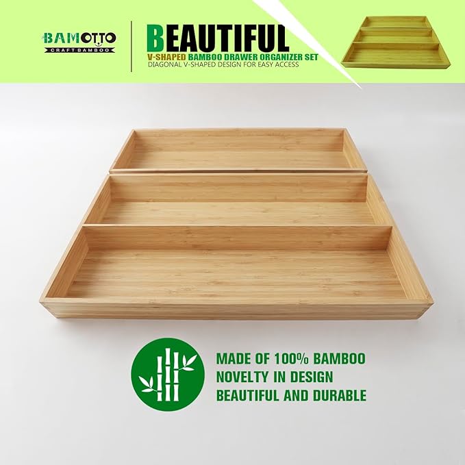 2-Piece V-Shaped Bamboo Drawer Organizer - Ideal for Kitchen's Large Long Tableware, Cooking Utensils, Flatware, Silverware - Wood Storage Box for Home, Bedroom, Bathroom (19.6"x12.4" & 19.6"x7.8")-CasaMuseHome