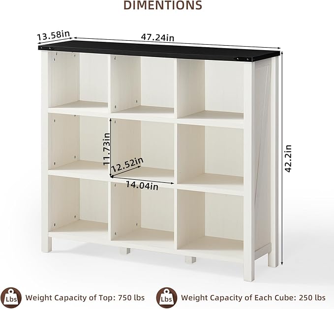 9 Cube Bookcase, Farmhouse 47 Inch Wide White Bookshelf, Wooden 3 Tier Display Large Open Book Shelf, Vintage Horizontal Book Case for Home Office, Cubby Storage Cabinet for Living Room-CasaMuseHome