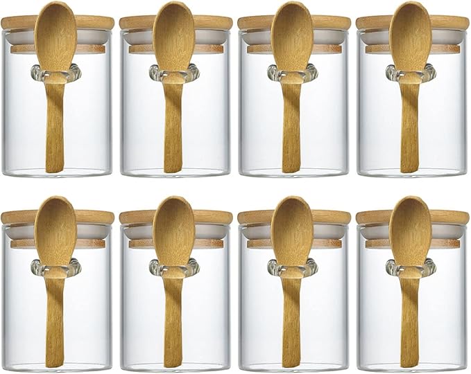 7.6 oz Airtight Mini Glass Jars with Bamboo Lids and Bamboo Spoons, Spice Jars Small Food Storage Containers for Kitchen, Bathroom, Home Decor Set of 8-CasaMuseHome