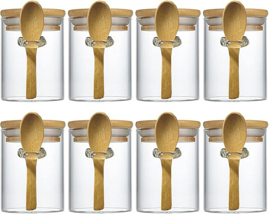 7.6 oz Airtight Mini Glass Jars with Bamboo Lids and Bamboo Spoons, Spice Jars Small Food Storage Containers for Kitchen, Bathroom, Home Decor Set of 8-CasaMuseHome