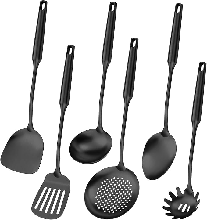304 Stainless Steel Cooking Utensil,Kitchen Kitchen Utensil with Spatula, Solid Spoon, Ladle, Skimmer, Spaghetti Spoon, 6 Piece Set, Dishwasher Safe(Black)-CasaMuseHome