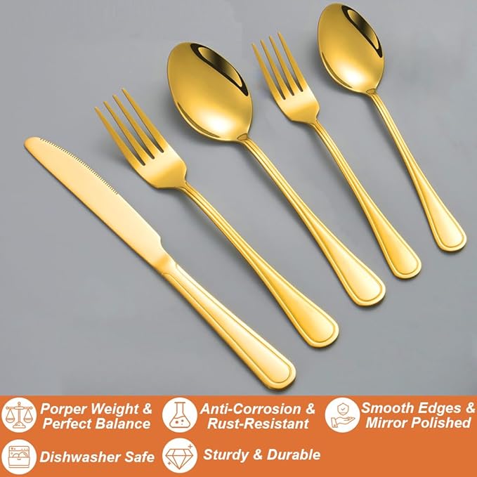 40 Pcs Gold Silverware Set for 8 with Simple Striped Handle Design, Food Grade Stainless Steel Flatware Set, Eating Utensils Sets Include Fork/Knife/Spoon, Cutlery Set, Dishwasher Safe-CasaMuseHome
