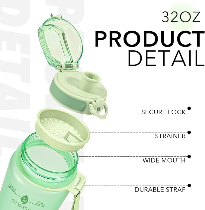 32oz Motivational Water Bottles with Time Marker & Fruit Strainer, Transparent Gradient Color Water Bottle with Times to Drink, Leakproof & BPA Free, Reusable Bottle with Strap (No Straw)-CasaMuseHome