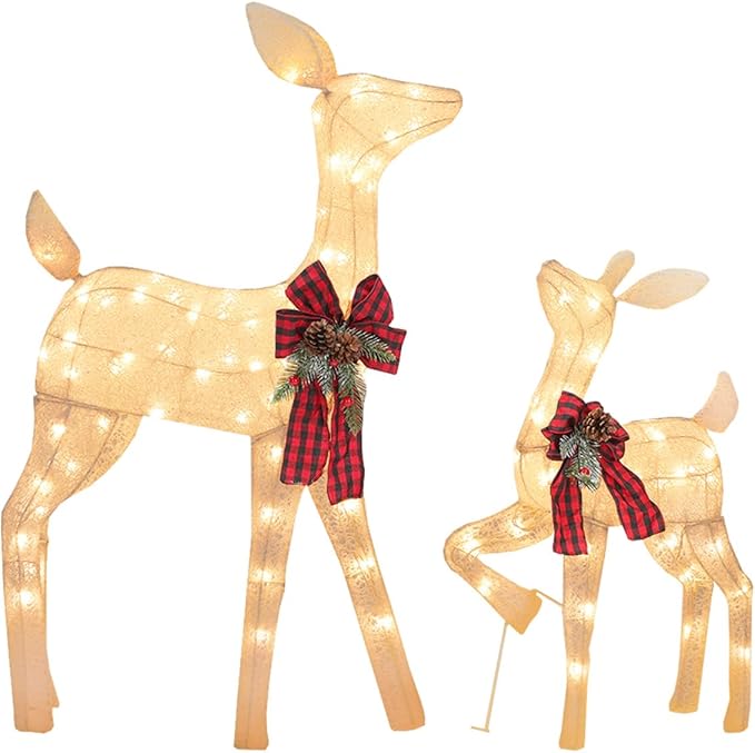 2 Pcs Reindeer Christmas Decoration, Xmas Lighted White Shimmering Doe and Fawn Display Set with 105 Warm White Lights for Yard Lawn Indoor Outdoor-CasaMuseHome