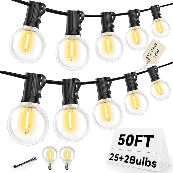 50FT G40 LED String Lights with 25 Shatterproof Bulbs (2 Spares), E12 Sockets, 2700K Warm White, eatherproof Patio Lighting for Garden,Backyard,Party,Wedding,Porch,Deck,Gazebo,Bistro,Camping-CasaMuseHome