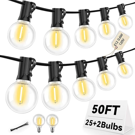50FT G40 LED String Lights with 25 Shatterproof Bulbs (2 Spares), E12 Sockets, 2700K Warm White, eatherproof Patio Lighting for Garden,Backyard,Party,Wedding,Porch,Deck,Gazebo,Bistro,Camping-CasaMuseHome