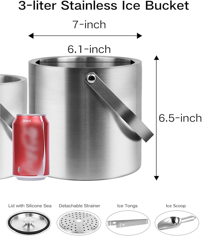 3L Double Wall Ice Bucket with Silicone Lid, Tongs & Scoop Insulated Ice Buckets for Parties & Cocktail Bar,[Silicone Lid for Longer Ice] Large Wine Bar Bucket Stainless Champagne Chiller-CasaMuseHome