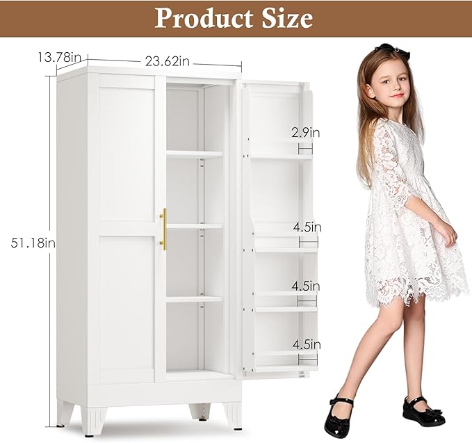 51" Metal Kitchen Pantry Cabinet, Storage Cabinets with 2 Door and 3 Adjustable Shelves, White Freestanding Food Storage Cabinet, Steel Cupboard for Kitchen Dinning Room-CasaMuseHome