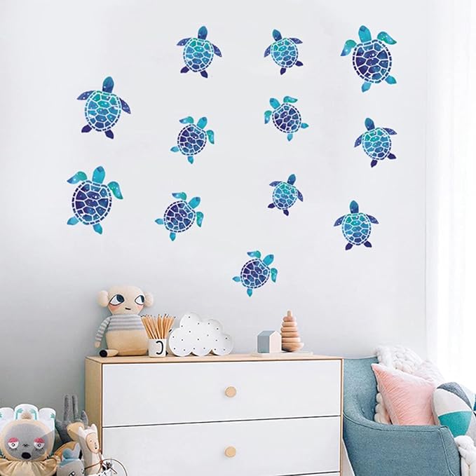 12pcs Sea Turtle Vinyl Stickers Underwater Ocean Decals Waterproof Wall Sticker Home and Bedroom Decoration, DIY Accessories, Blue-CasaMuseHome