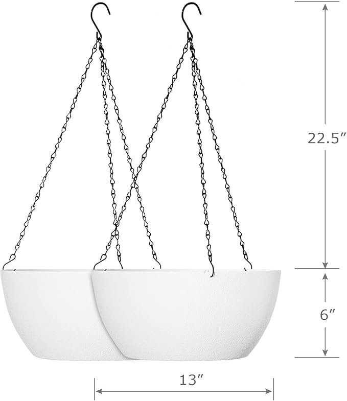 13 inch Large Hanging Planters Plant Pots for Outdoor Indoor Plants with Drainage Holes and Chain, 2 Pack Round Hanging Flower Pots for Garden Home Porch Decor, White-CasaMuseHome