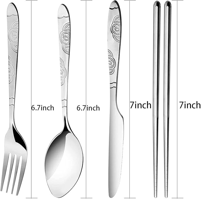 6 Pack Reusable Flatware Sets Knife, Fork, Spoon, Chopsticks, 24Pcs Portable Travel Stainless Steel Tableware Dinnerware with Carrying Case-CasaMuseHome